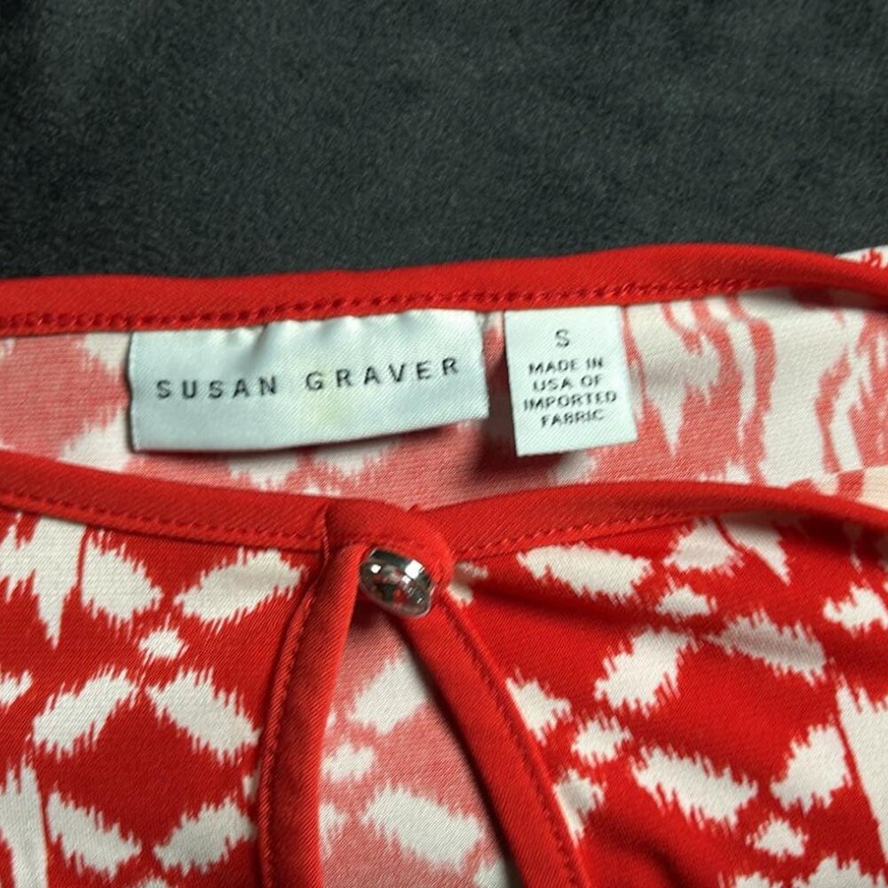 Susan Graver Ikat Red and White Tunic SZ SM 3/4 Sleeve Business Wear Lagenlook - Picture 3 of 9